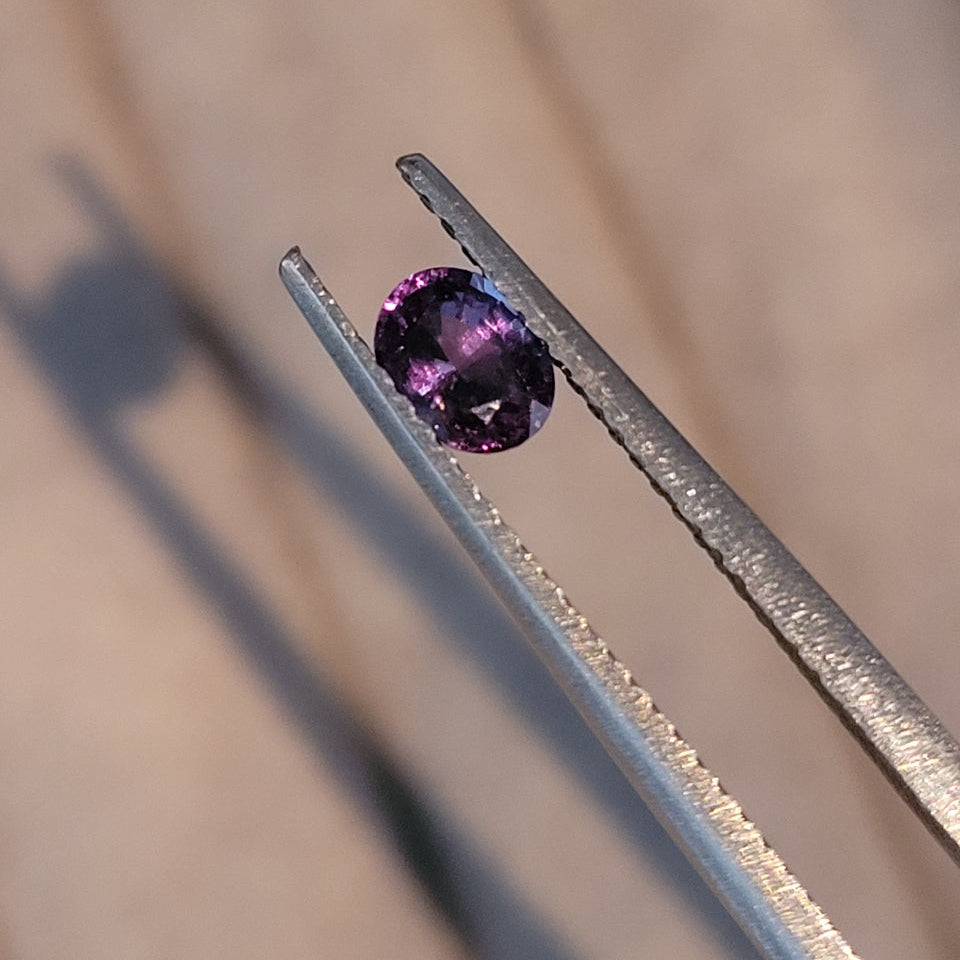 0.42 CT Natural Colour Change Garnet_incandescent_light_heldby_tweezer